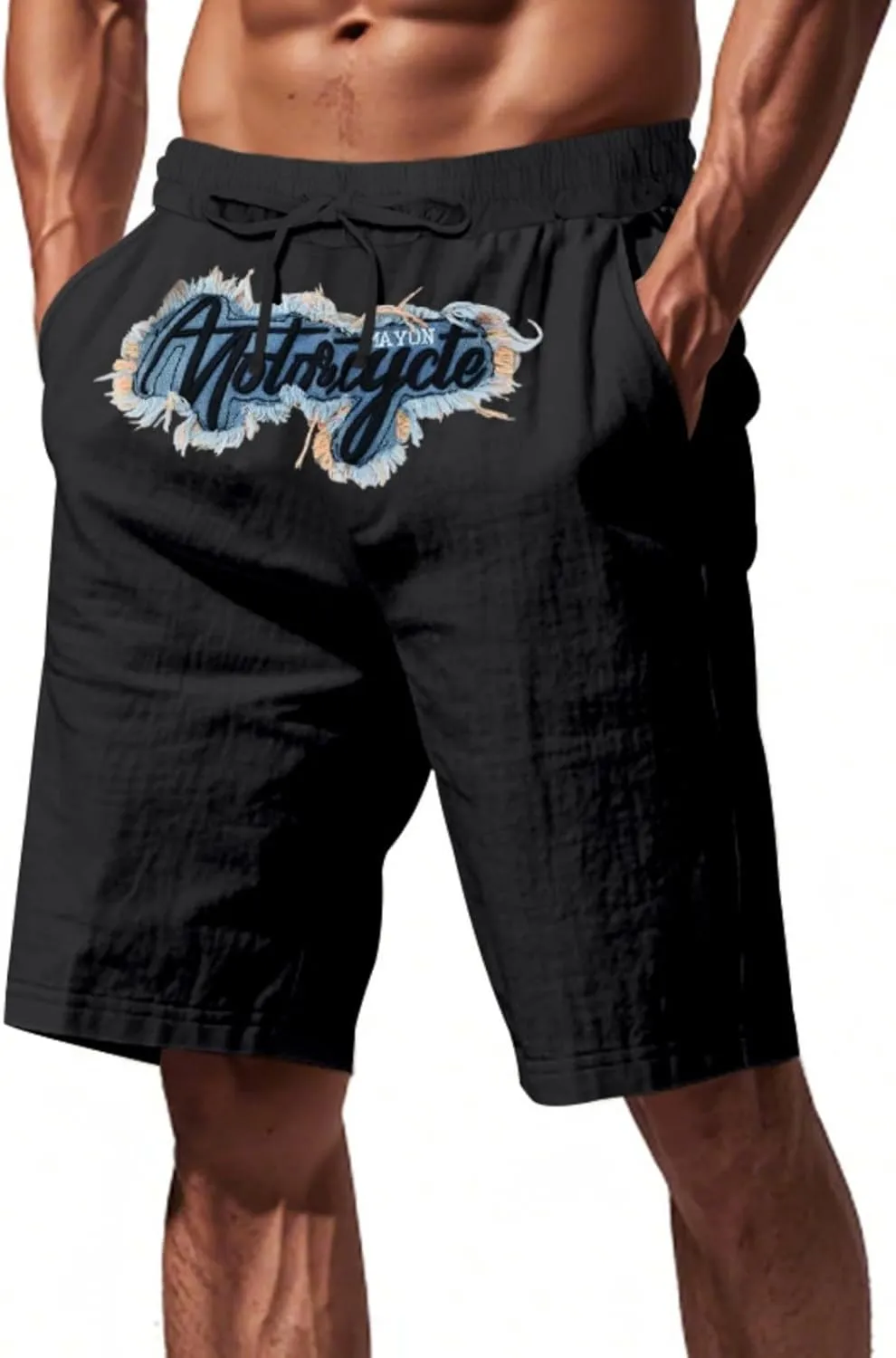 Mens Linen Shorts Flat Front Casual Elastic Waist Drawstring Summer Beach Shorts with Pocket