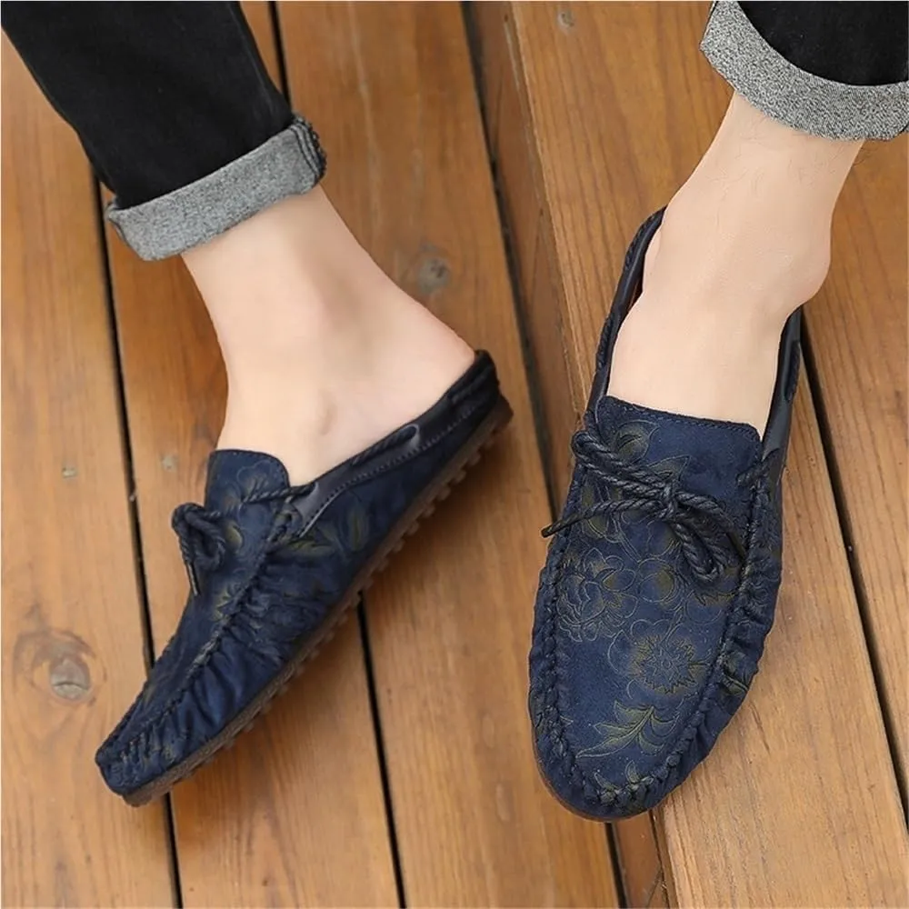 Mens Loafers Shoe Floral Vegan Leather Half Moccasins Shoes Lightweight Comfortable Flexible Fashion Outdoor Slip-on
