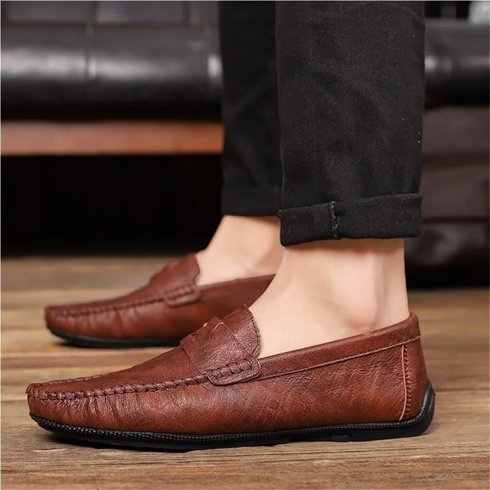 Mens Loafers Vegan Leather Round Toe Comfortable Flexible Anti Walking Shoes Party Casual Solid Color Slip On