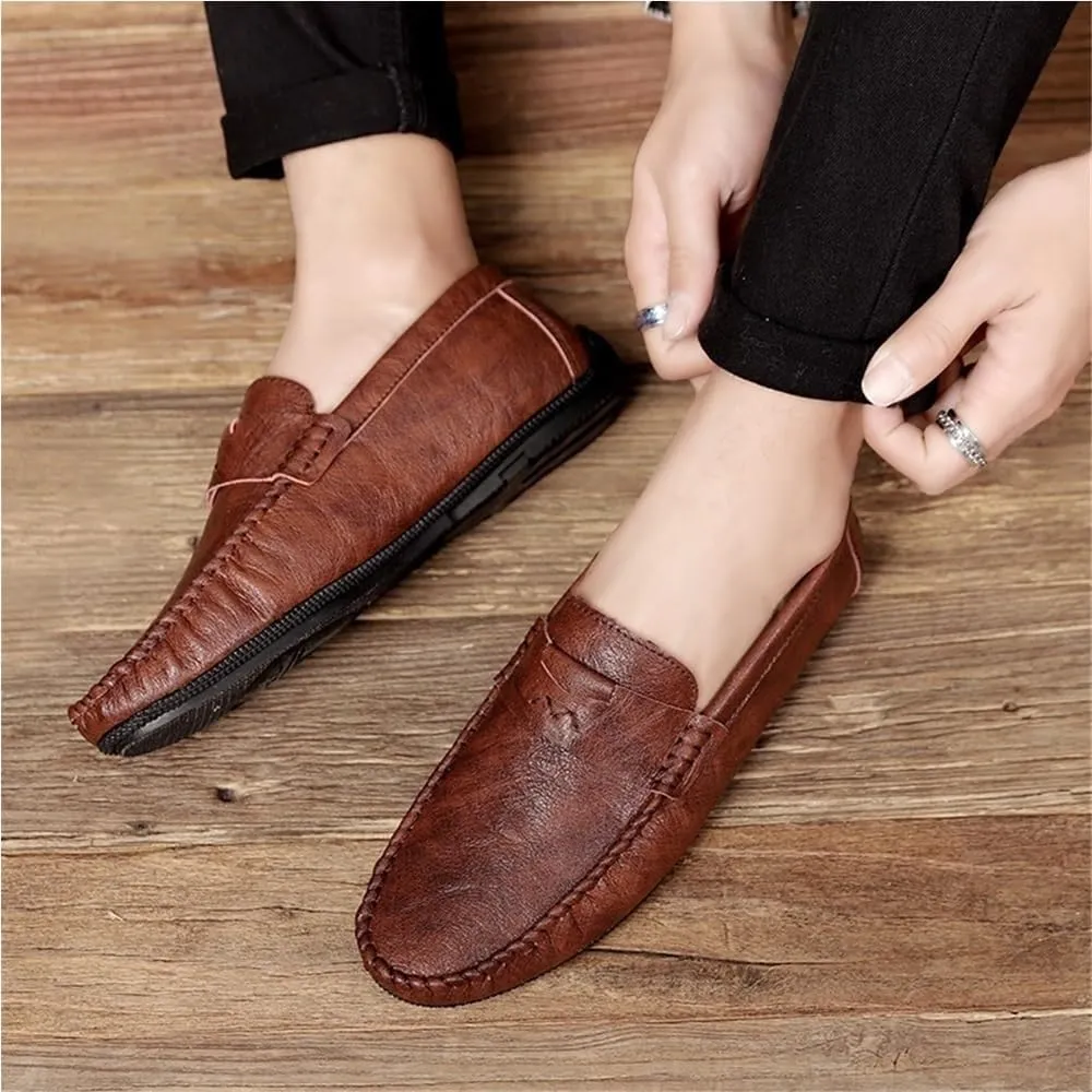 Mens Loafers Vegan Leather Round Toe Comfortable Flexible Anti Walking Shoes Party Casual Solid Color Slip On
