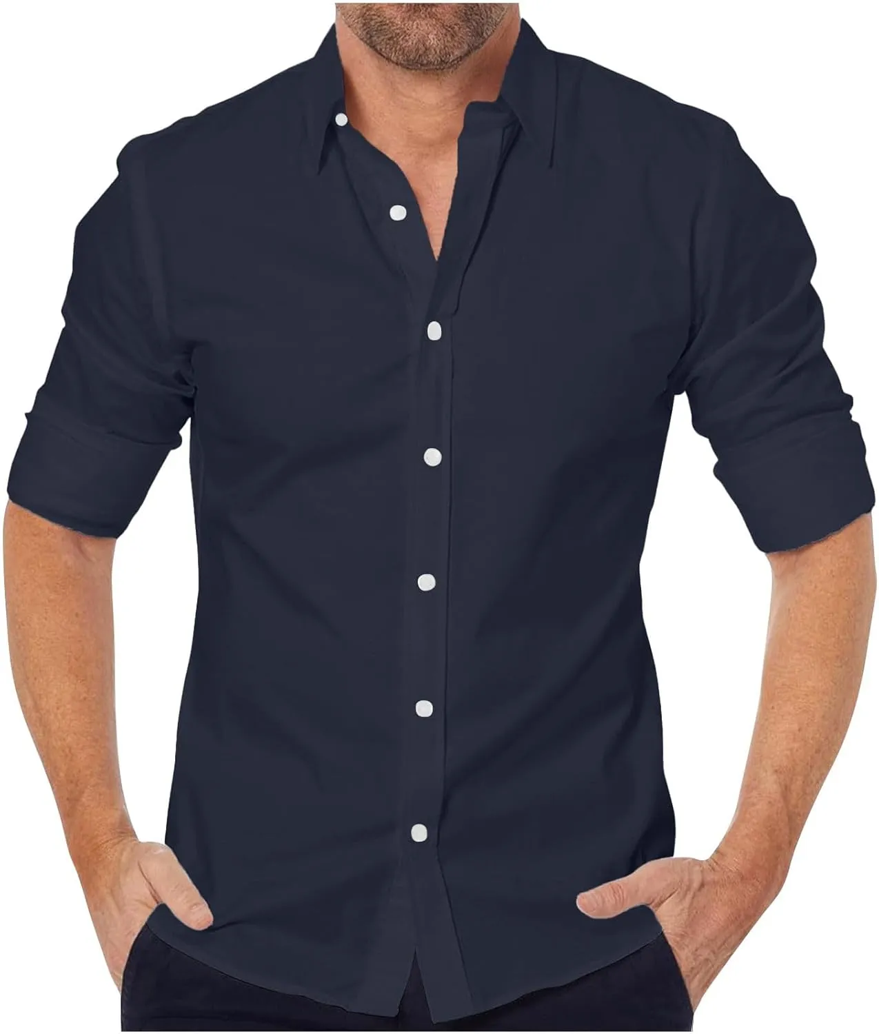 Men's Long Sleeve Business Shirts Casual Button Down Cotton Linen Dress Shirt Wrinkle Free Wedding Formal Shirts