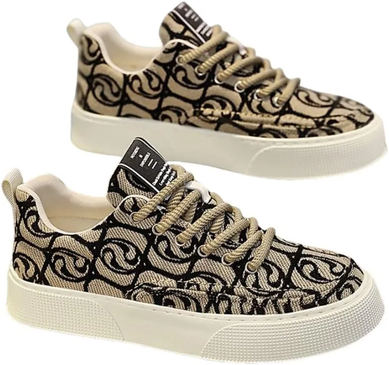 Men's Low-Top Canvas Sneakers - Stylish & Comfortable, Thick Rubber Sole Casual Shoes with Lace-Up Closure for Casual Attire, Hiking & Running - Beige and Black Pattern