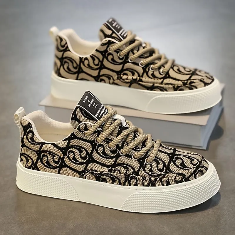 Men's Low-Top Canvas Sneakers - Stylish & Comfortable, Thick Rubber Sole Casual Shoes with Lace-Up Closure for Casual Attire, Hiking & Running - Beige and Black Pattern