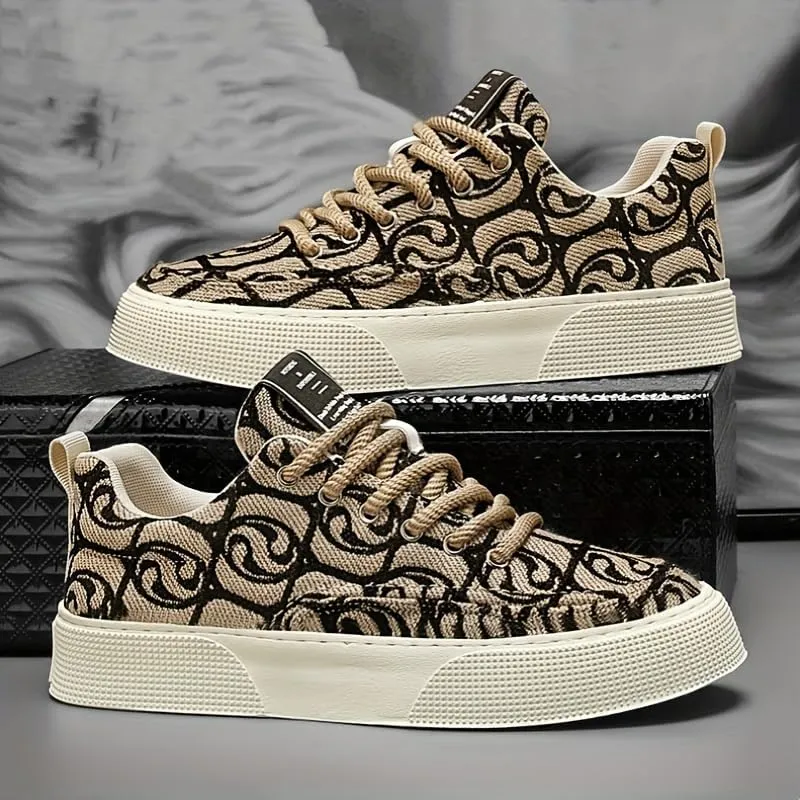 Men's Low-Top Canvas Sneakers - Stylish & Comfortable, Thick Rubber Sole Casual Shoes with Lace-Up Closure for Casual Attire, Hiking & Running - Beige and Black Pattern