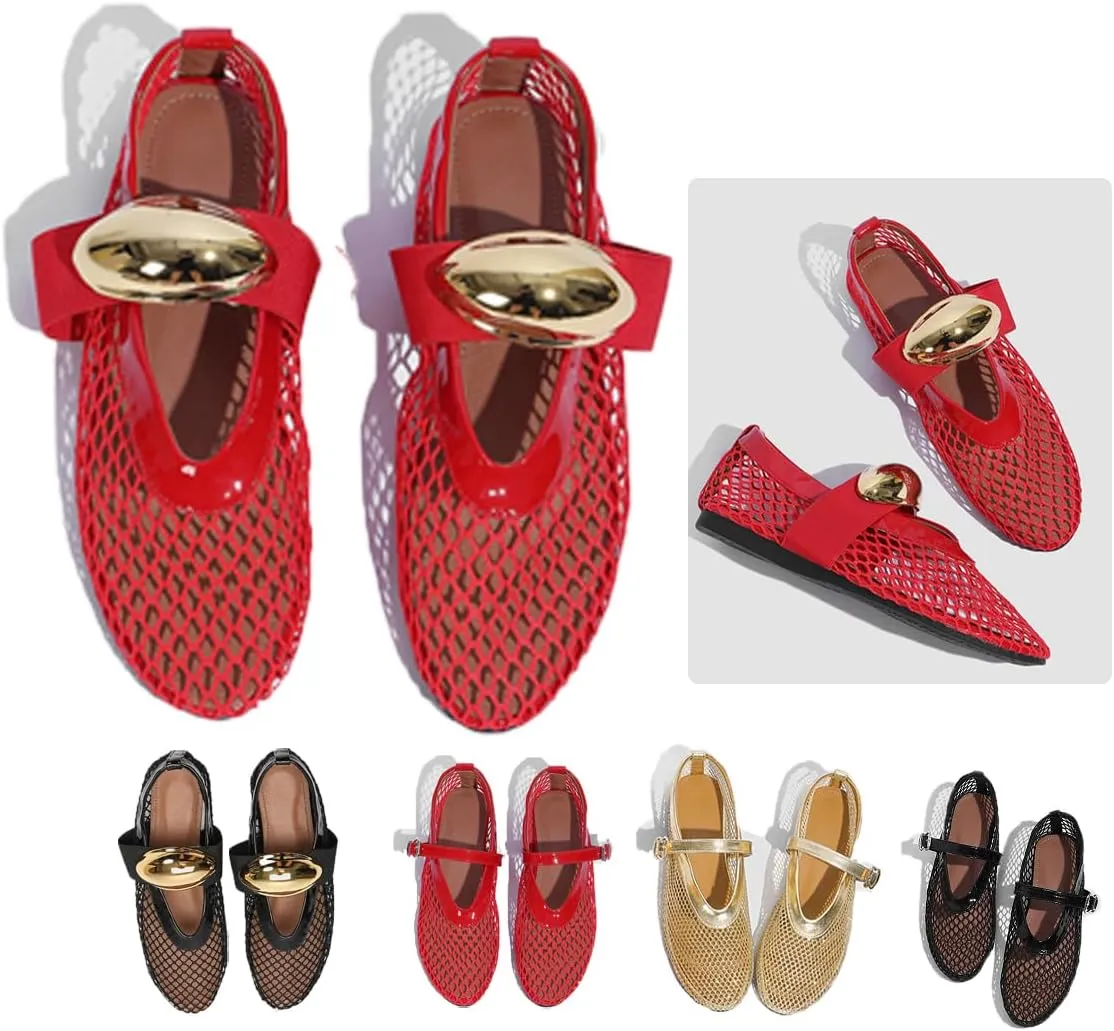 Mesh Ballet Flats for Women Buckle Strap Comfy Casual Office Fishnet Ballerina Flat Shoes Width Casual Summer Dress Flat Shoes