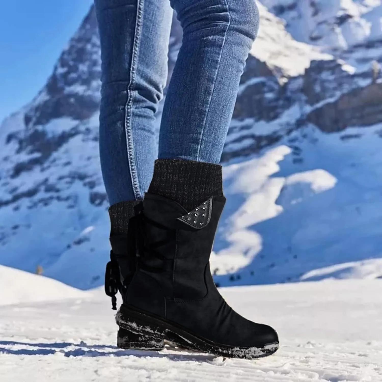 Mid Boots Up for Women Shoes Lace Calf Vintage Heels Thick Casual Boots Retro Women's Boots Dress Snow Boots Women