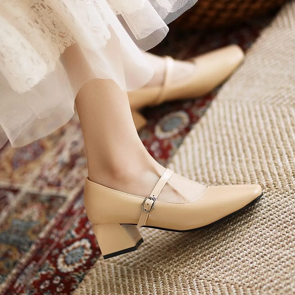 MIOKE Women's Chunky Mid Heel Dress Pumps Suede Square Toe Buckle Slip-On Comfort Casual Work Office Shoes