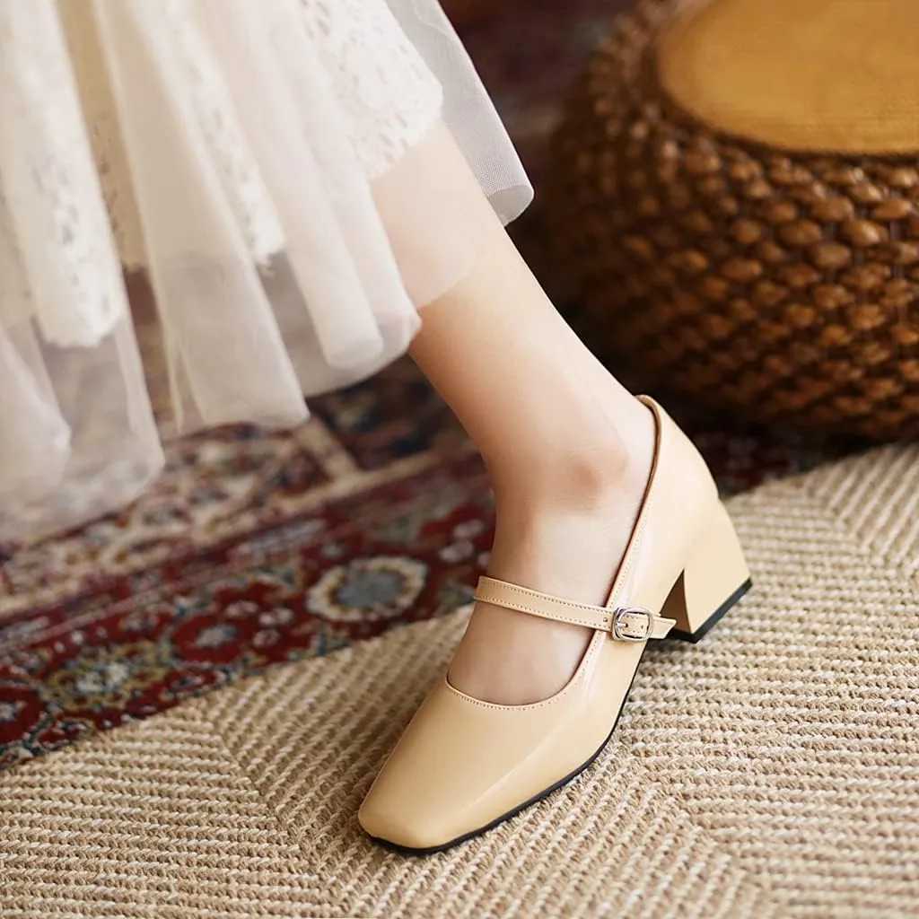 MIOKE Women's Chunky Mid Heel Dress Pumps Suede Square Toe Buckle Slip-On Comfort Casual Work Office Shoes