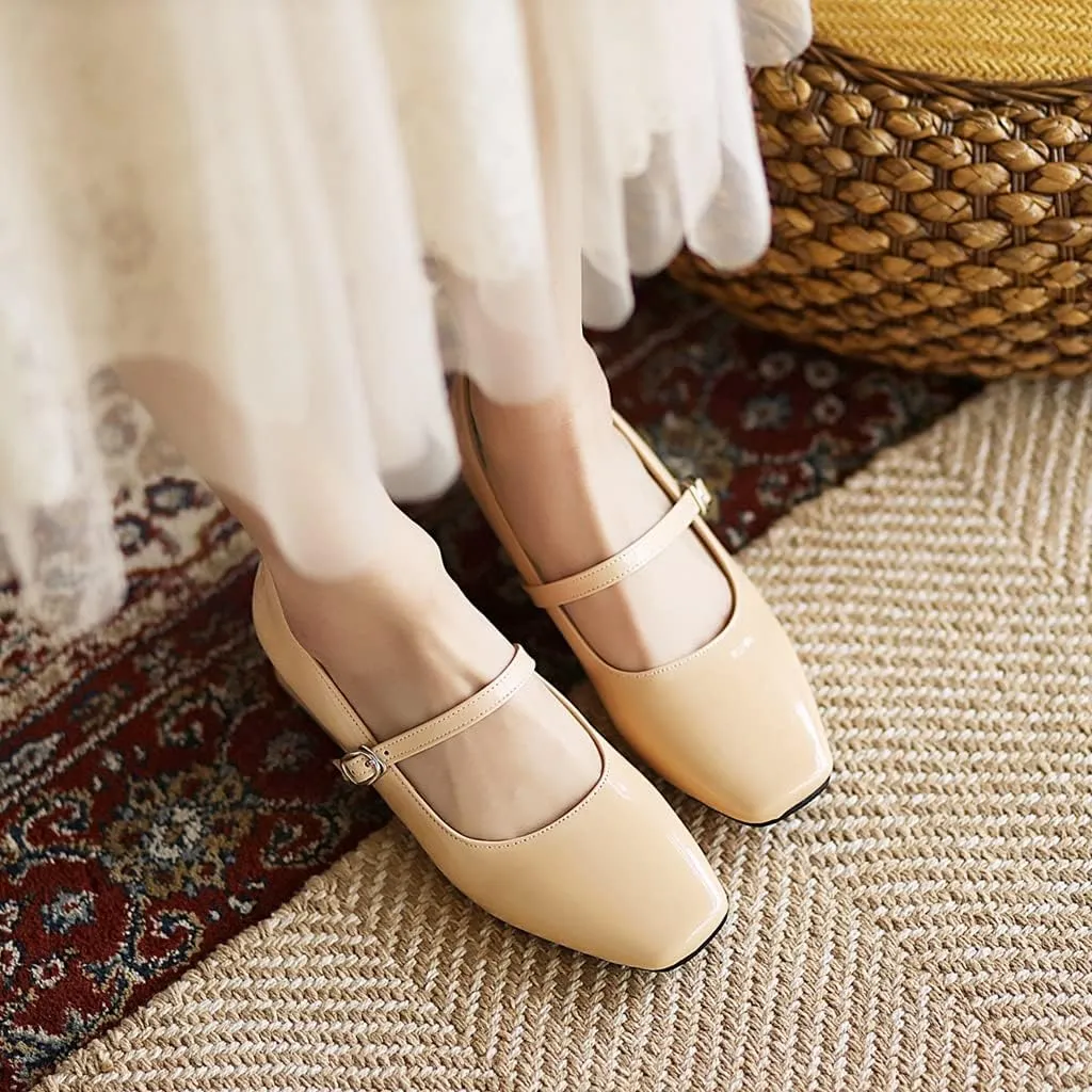 MIOKE Women's Chunky Mid Heel Dress Pumps Suede Square Toe Buckle Slip-On Comfort Casual Work Office Shoes