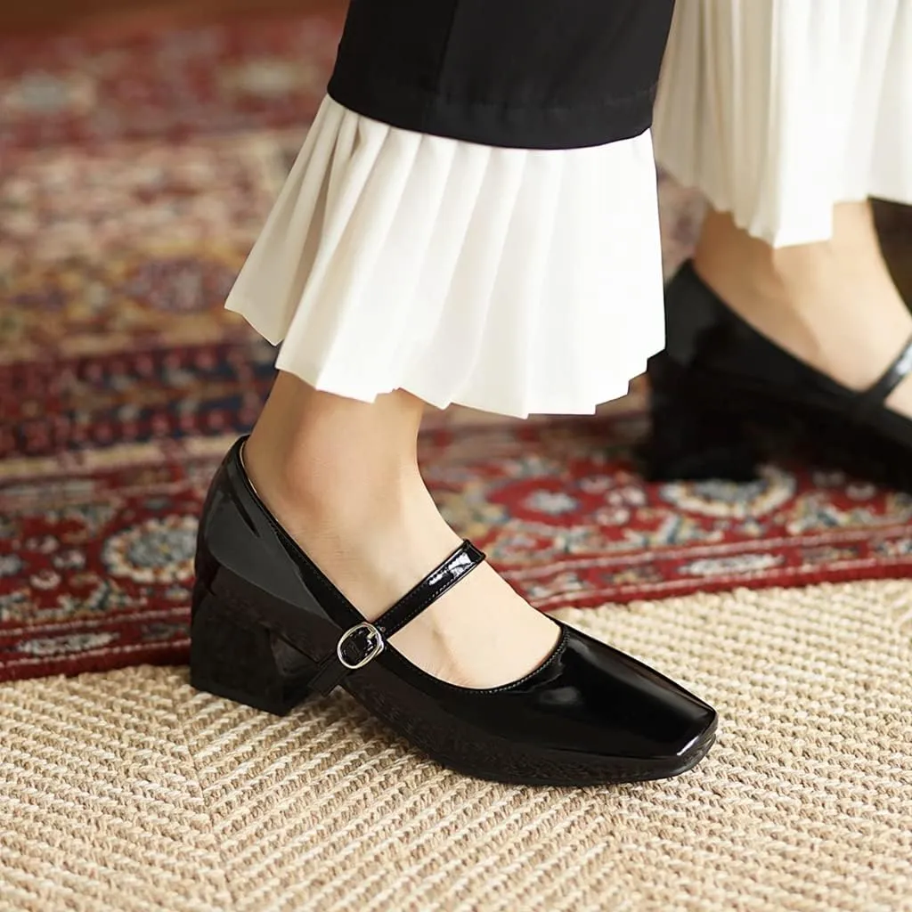 MIOKE Women's Chunky Mid Heel Dress Pumps Suede Square Toe Buckle Slip-On Comfort Casual Work Office Shoes