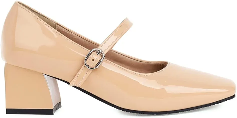 MIOKE Women's Chunky Mid Heel Dress Pumps Suede Square Toe Buckle Slip-On Comfort Casual Work Office Shoes