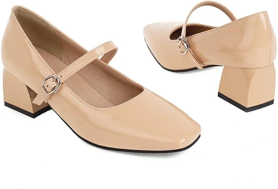 MIOKE Women's Chunky Mid Heel Dress Pumps Suede Square Toe Buckle Slip-On Comfort Casual Work Office Shoes