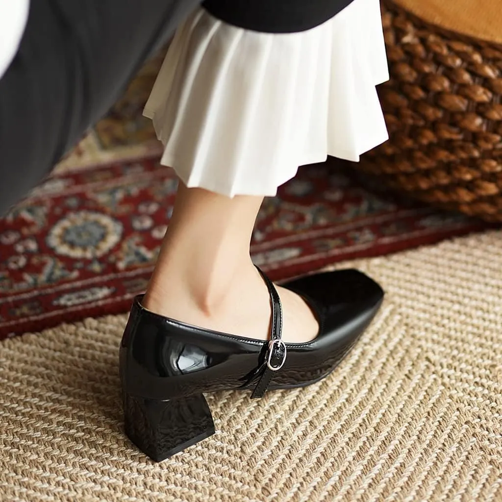 MIOKE Women's Chunky Mid Heel Dress Pumps Suede Square Toe Buckle Slip-On Comfort Casual Work Office Shoes