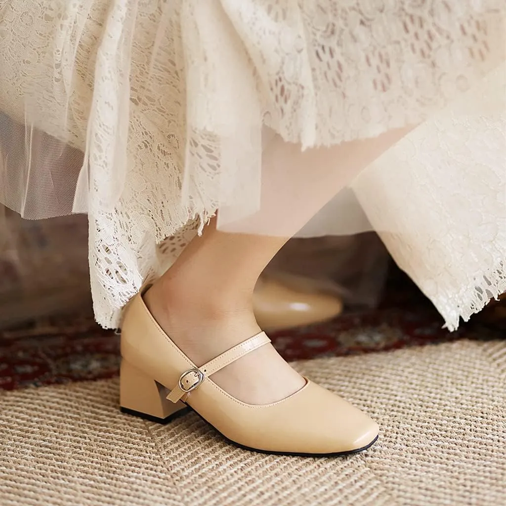 MIOKE Women's Chunky Mid Heel Dress Pumps Suede Square Toe Buckle Slip-On Comfort Casual Work Office Shoes