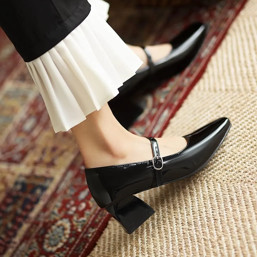 MIOKE Women's Chunky Mid Heel Dress Pumps Suede Square Toe Buckle Slip-On Comfort Casual Work Office Shoes