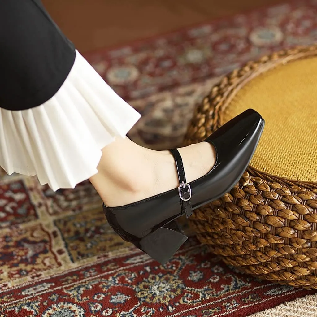 MIOKE Women's Chunky Mid Heel Dress Pumps Suede Square Toe Buckle Slip-On Comfort Casual Work Office Shoes