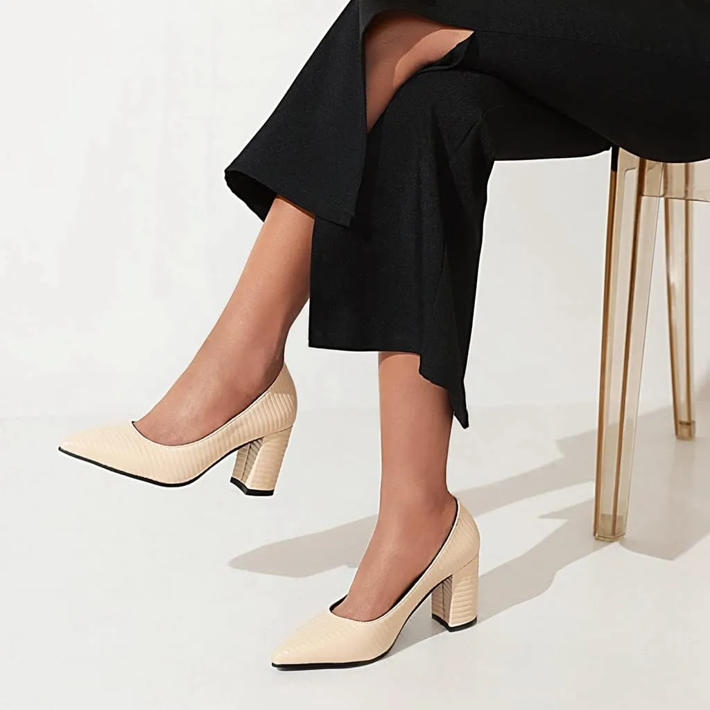 MIOKE Women's Pointed Toe Chunky Mid Heel Pumps Casual Suede Buckle Strap Mary Jane Office Dress Shoes