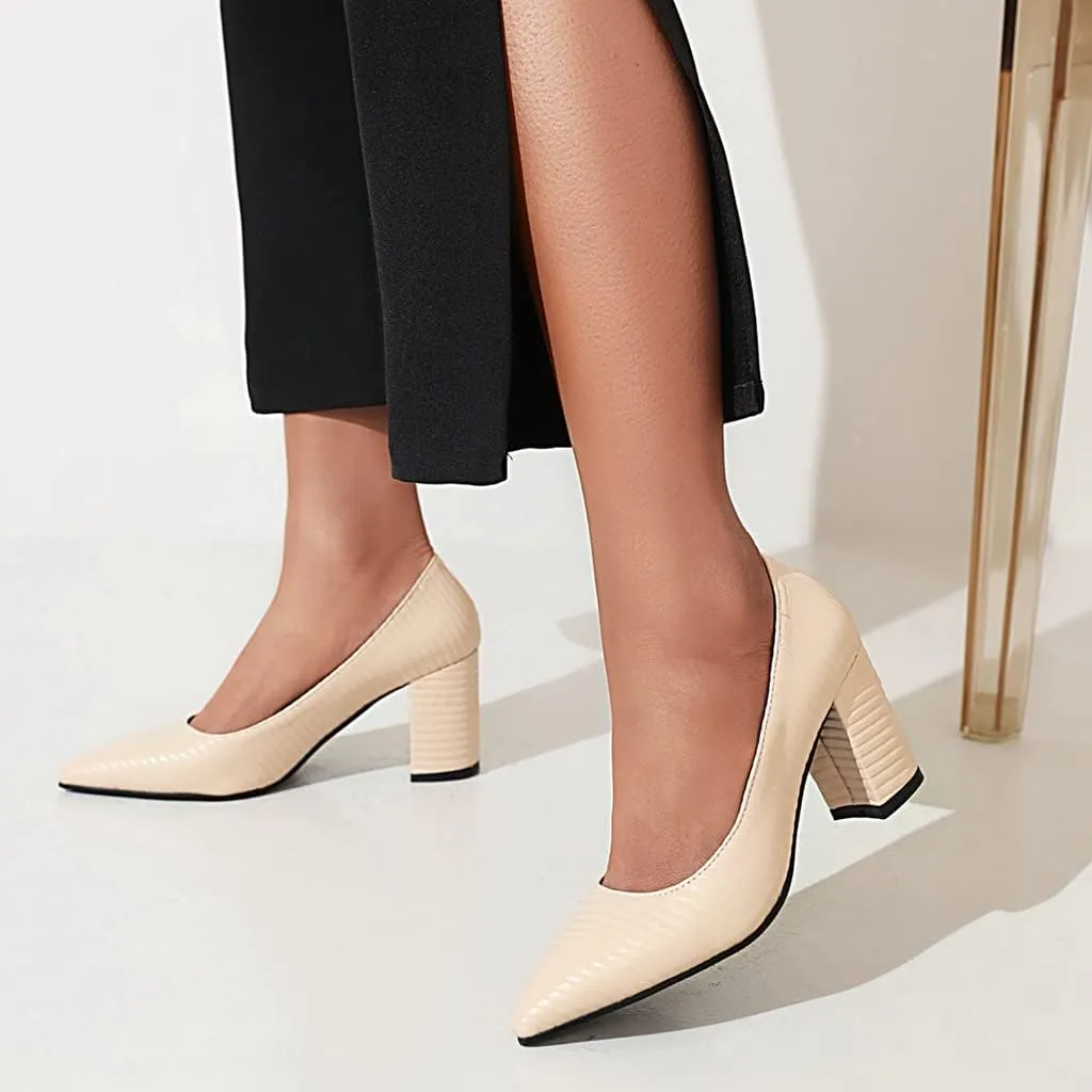 MIOKE Women's Pointed Toe Chunky Mid Heel Pumps Casual Suede Buckle Strap Mary Jane Office Dress Shoes