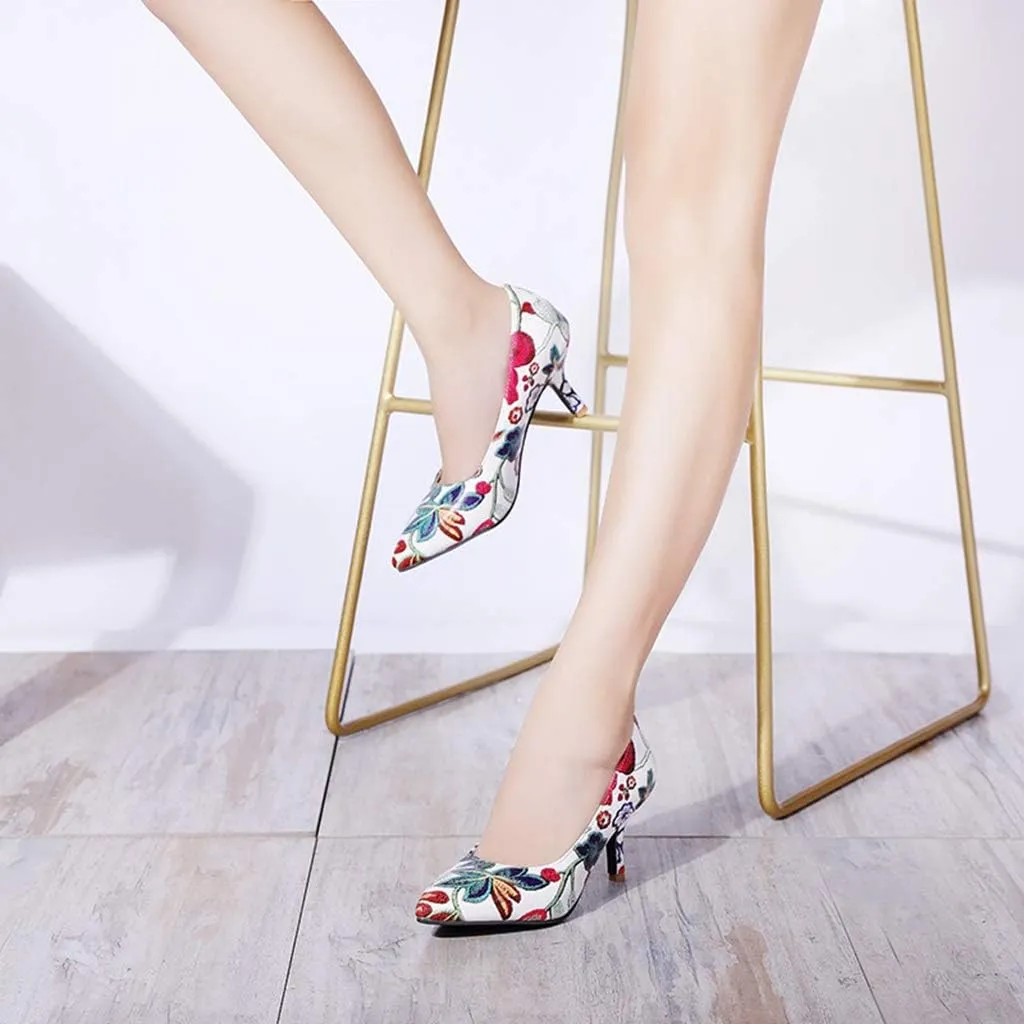 MIOKE Women's Retro Embroidered Flowers Kitten Heel Pumps Pointed Toe Slip On Stiletto Elegant Dress Shoes