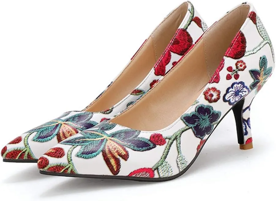 MIOKE Women's Retro Embroidered Flowers Kitten Heel Pumps Pointed Toe Slip On Stiletto Elegant Dress Shoes