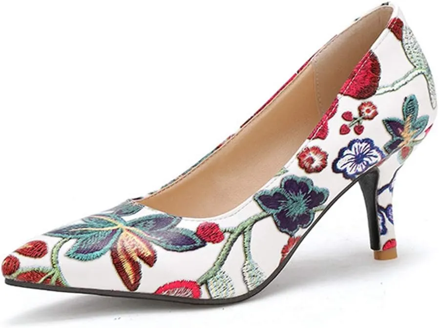 MIOKE Women's Retro Embroidered Flowers Kitten Heel Pumps Pointed Toe Slip On Stiletto Elegant Dress Shoes