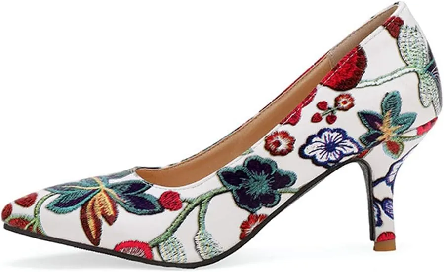 MIOKE Women's Retro Embroidered Flowers Kitten Heel Pumps Pointed Toe Slip On Stiletto Elegant Dress Shoes