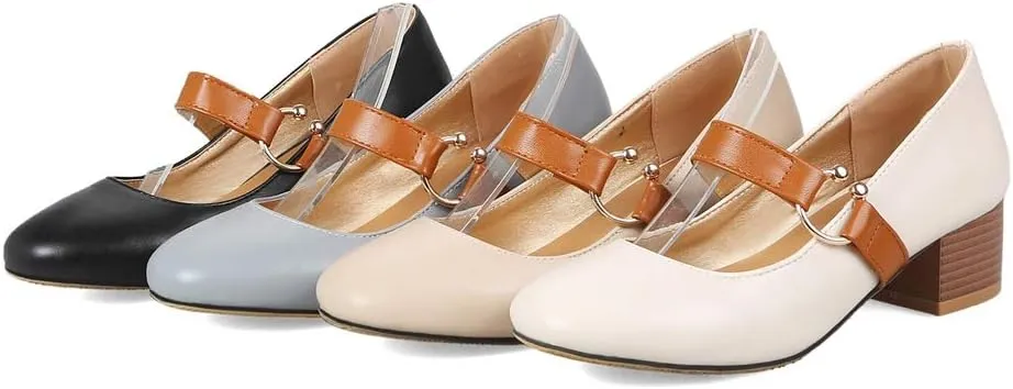 MIOKE Women's Square Toe Chunky Mid Block Heel Pumps Buckle Strap Comfort Mary Jane Office Dress Shoes