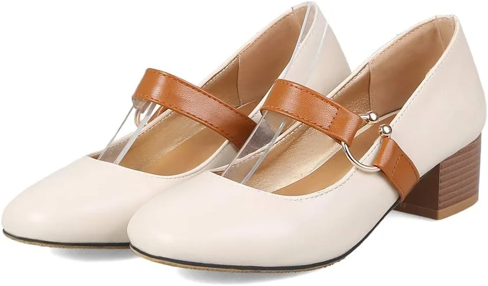 MIOKE Women's Square Toe Chunky Mid Block Heel Pumps Buckle Strap Comfort Mary Jane Office Dress Shoes