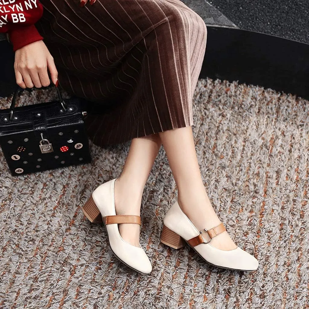 MIOKE Women's Square Toe Chunky Mid Block Heel Pumps Buckle Strap Comfort Mary Jane Office Dress Shoes