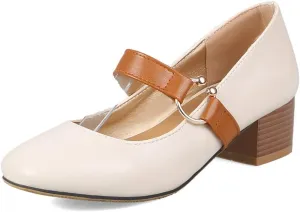MIOKE Women's Square Toe Chunky Mid Block Heel Pumps Buckle Strap Comfort Mary Jane Office Dress Shoes