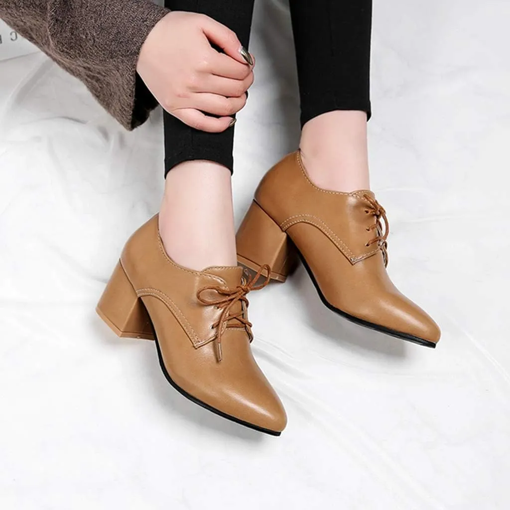 MIOKE Women's Vintage Lace Up Pump Oxfords Pointed Toe Chunky Block Mid Heel Brogues Office Dress Shoes