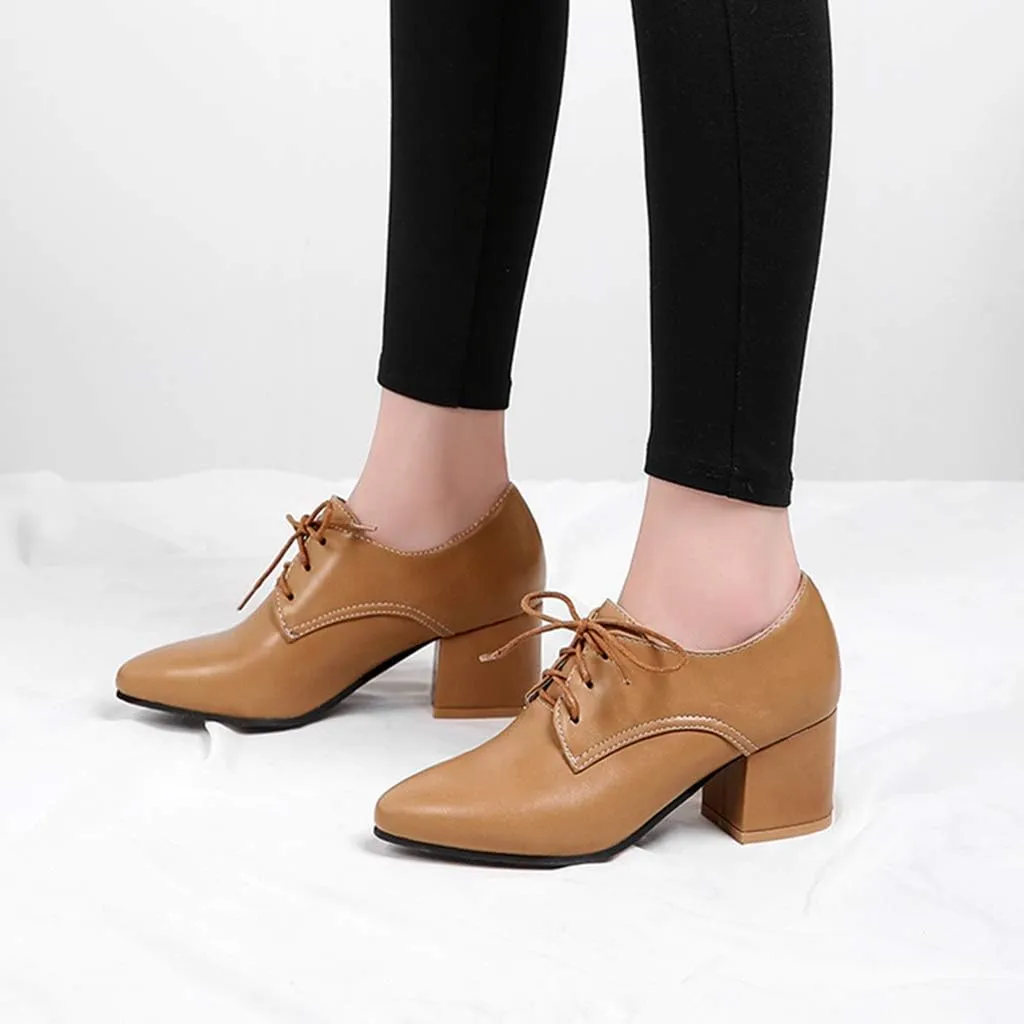 MIOKE Women's Vintage Lace Up Pump Oxfords Pointed Toe Chunky Block Mid Heel Brogues Office Dress Shoes