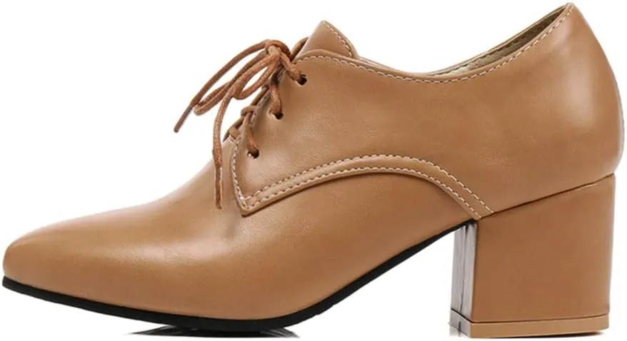 MIOKE Women's Vintage Lace Up Pump Oxfords Pointed Toe Chunky Block Mid Heel Brogues Office Dress Shoes