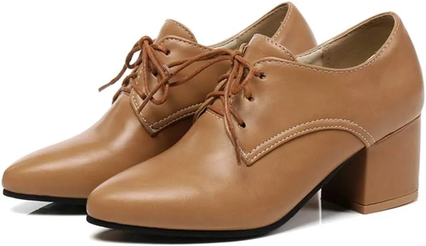 MIOKE Women's Vintage Lace Up Pump Oxfords Pointed Toe Chunky Block Mid Heel Brogues Office Dress Shoes