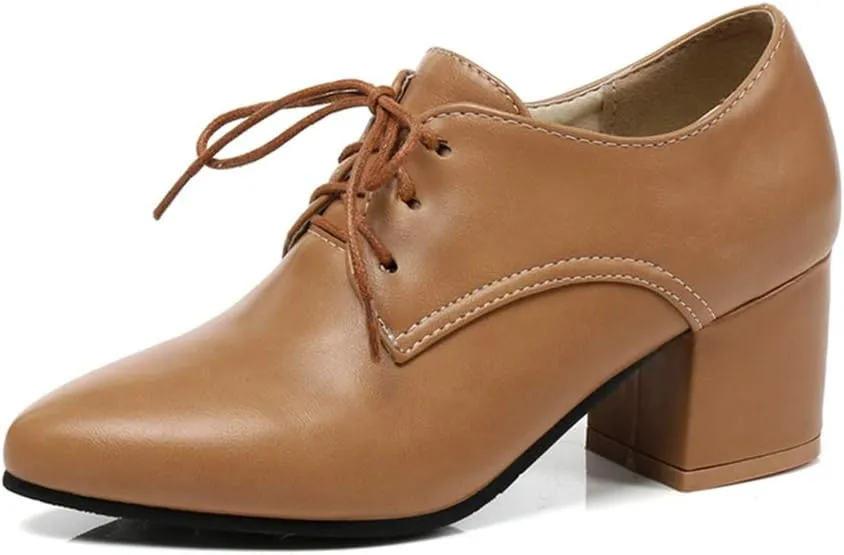 MIOKE Women's Vintage Lace Up Pump Oxfords Pointed Toe Chunky Block Mid Heel Brogues Office Dress Shoes