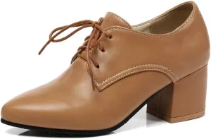 MIOKE Women's Vintage Lace Up Pump Oxfords Pointed Toe Chunky Block Mid Heel Brogues Office Dress Shoes