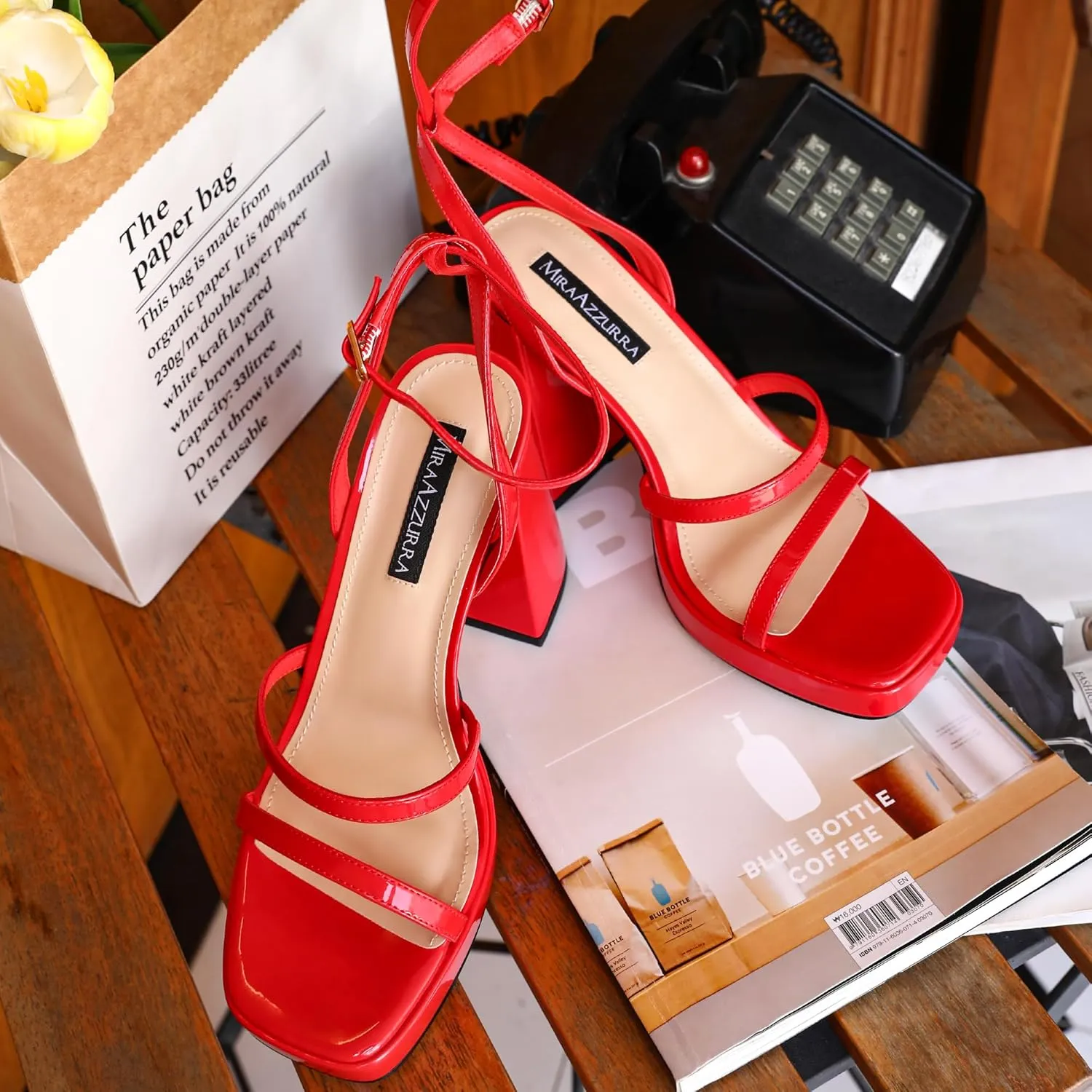 MIRAAZZURRA Platform Strappy Heel Sandals Square Open Toe Two Strap Chunky High Heeled Sandals with Buckle Ankle Strap for Women Party Wedding Dress