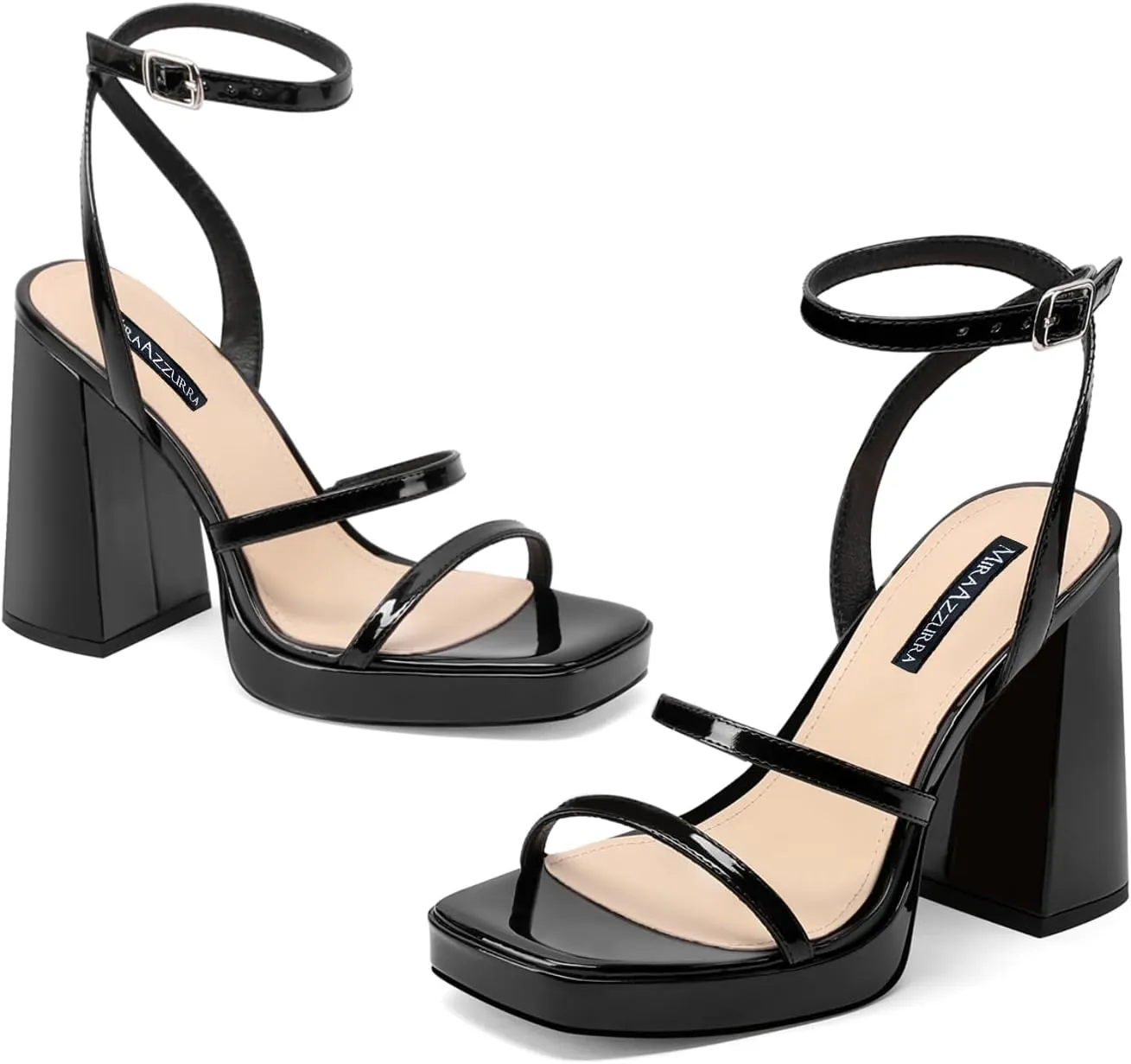 MIRAAZZURRA Platform Strappy Heel Sandals Square Open Toe Two Strap Chunky High Heeled Sandals with Buckle Ankle Strap for Women Party Wedding Dress