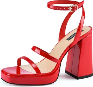 MIRAAZZURRA Platform Strappy Heel Sandals Square Open Toe Two Strap Chunky High Heeled Sandals with Buckle Ankle Strap for Women Party Wedding Dress
