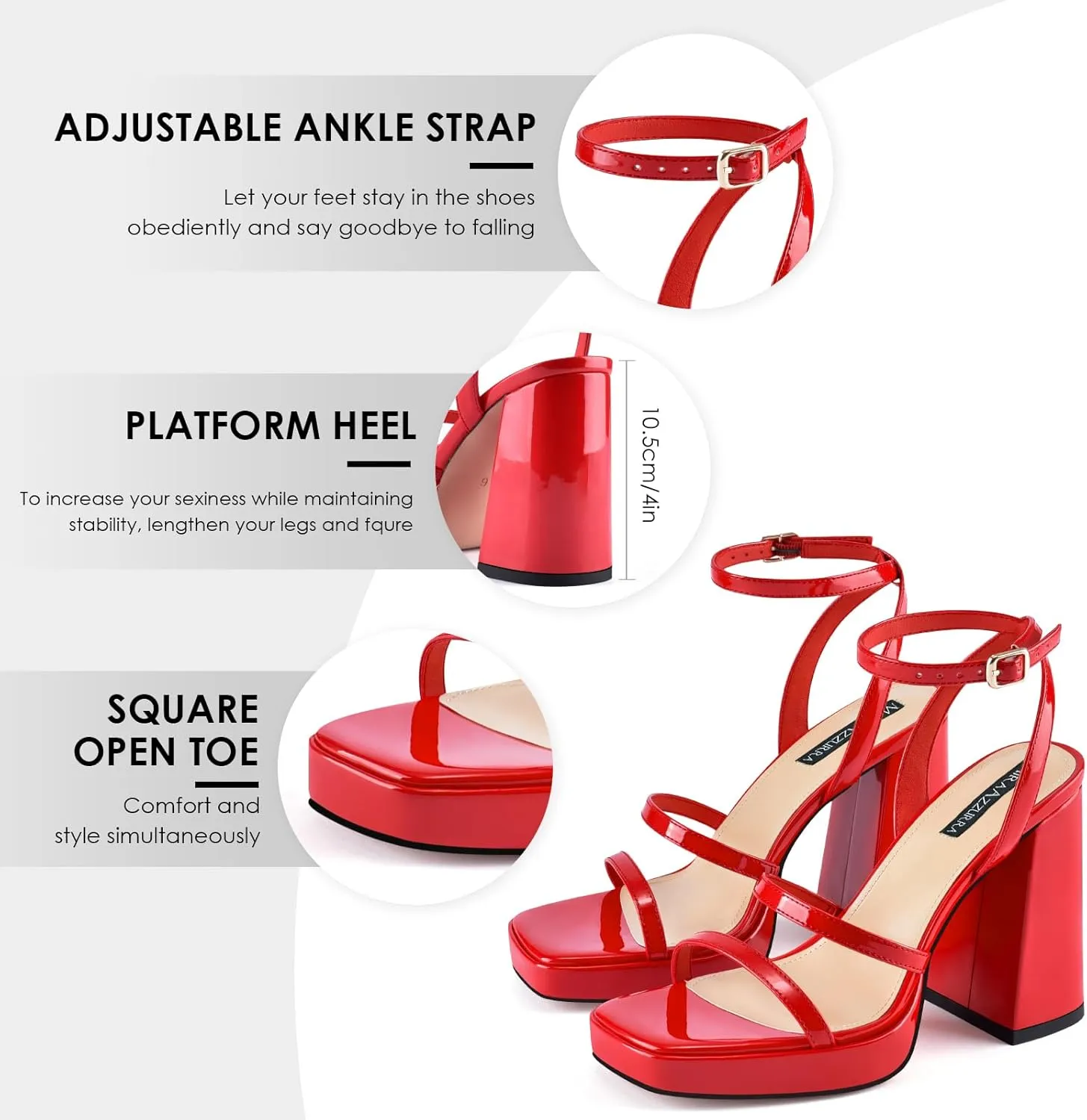 MIRAAZZURRA Platform Strappy Heel Sandals Square Open Toe Two Strap Chunky High Heeled Sandals with Buckle Ankle Strap for Women Party Wedding Dress