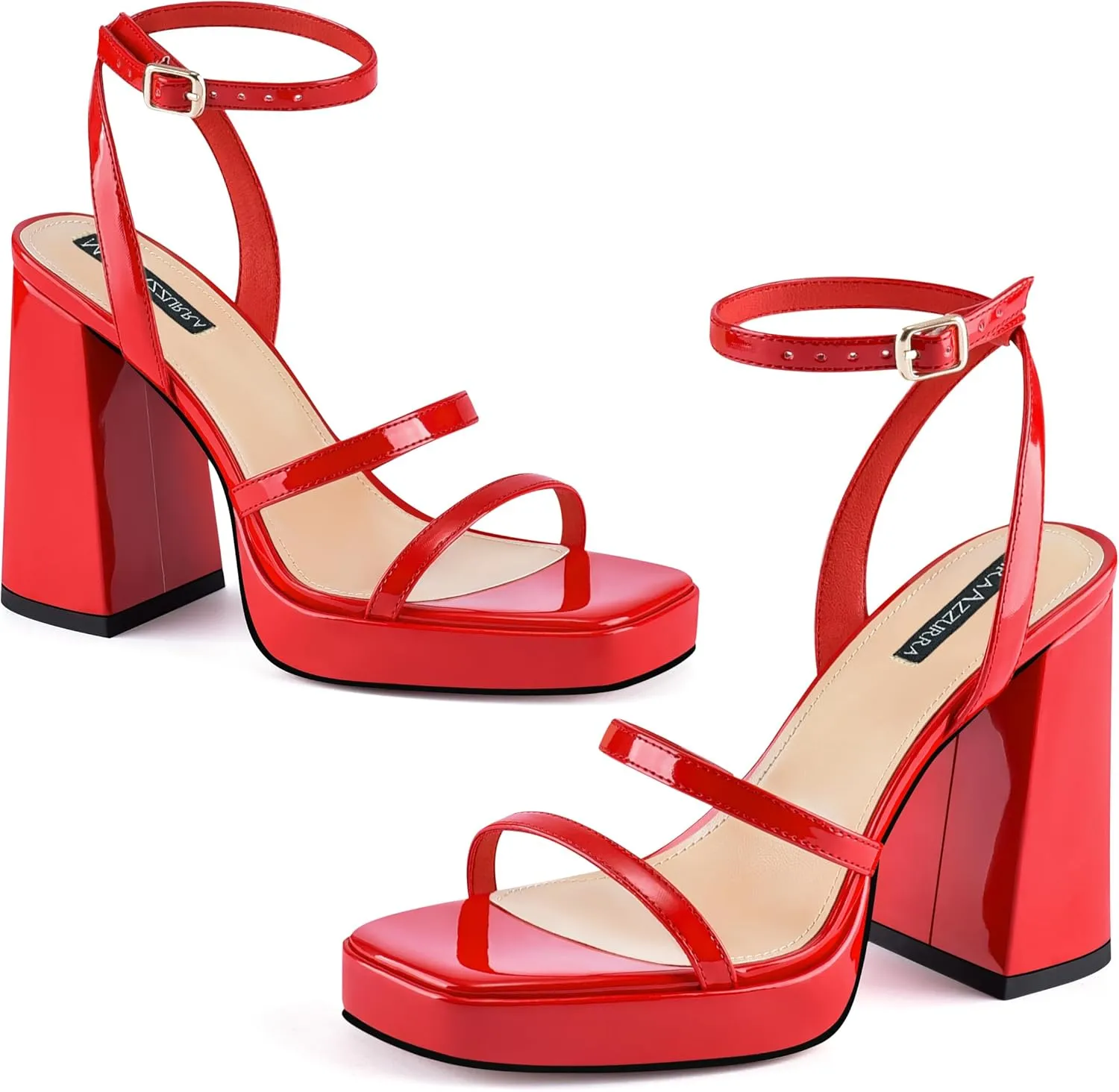 MIRAAZZURRA Platform Strappy Heel Sandals Square Open Toe Two Strap Chunky High Heeled Sandals with Buckle Ankle Strap for Women Party Wedding Dress