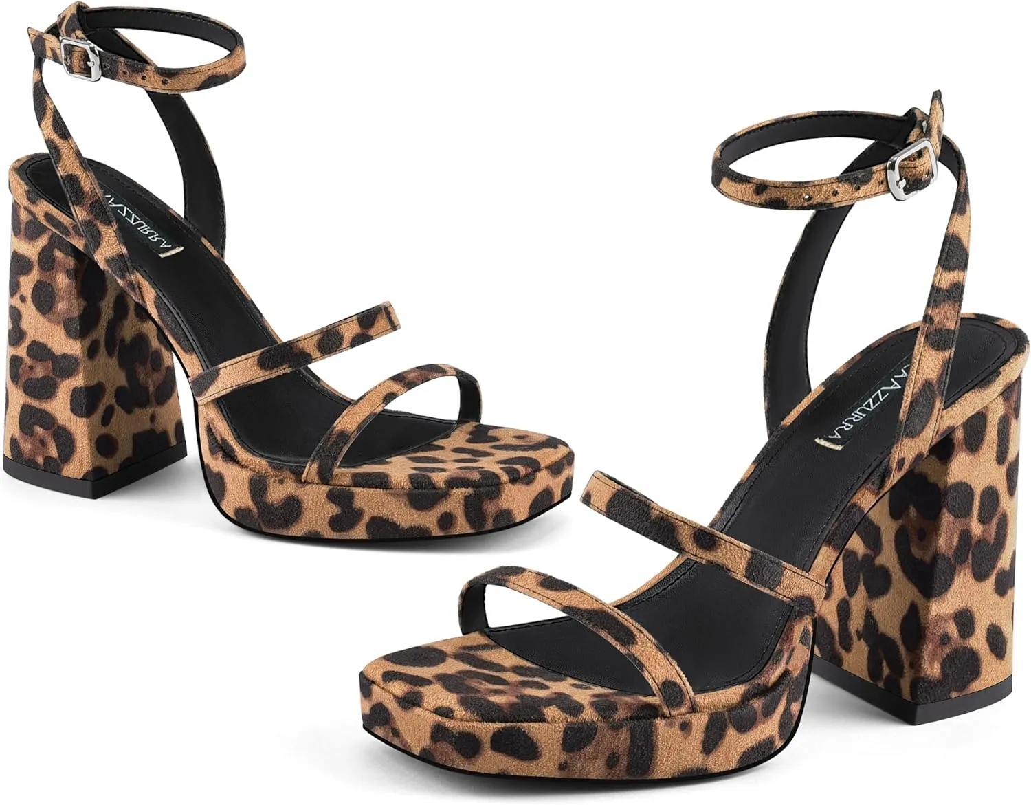 MIRAAZZURRA Platform Strappy Heel Sandals Square Open Toe Two Strap Chunky High Heeled Sandals with Buckle Ankle Strap for Women Party Wedding Dress