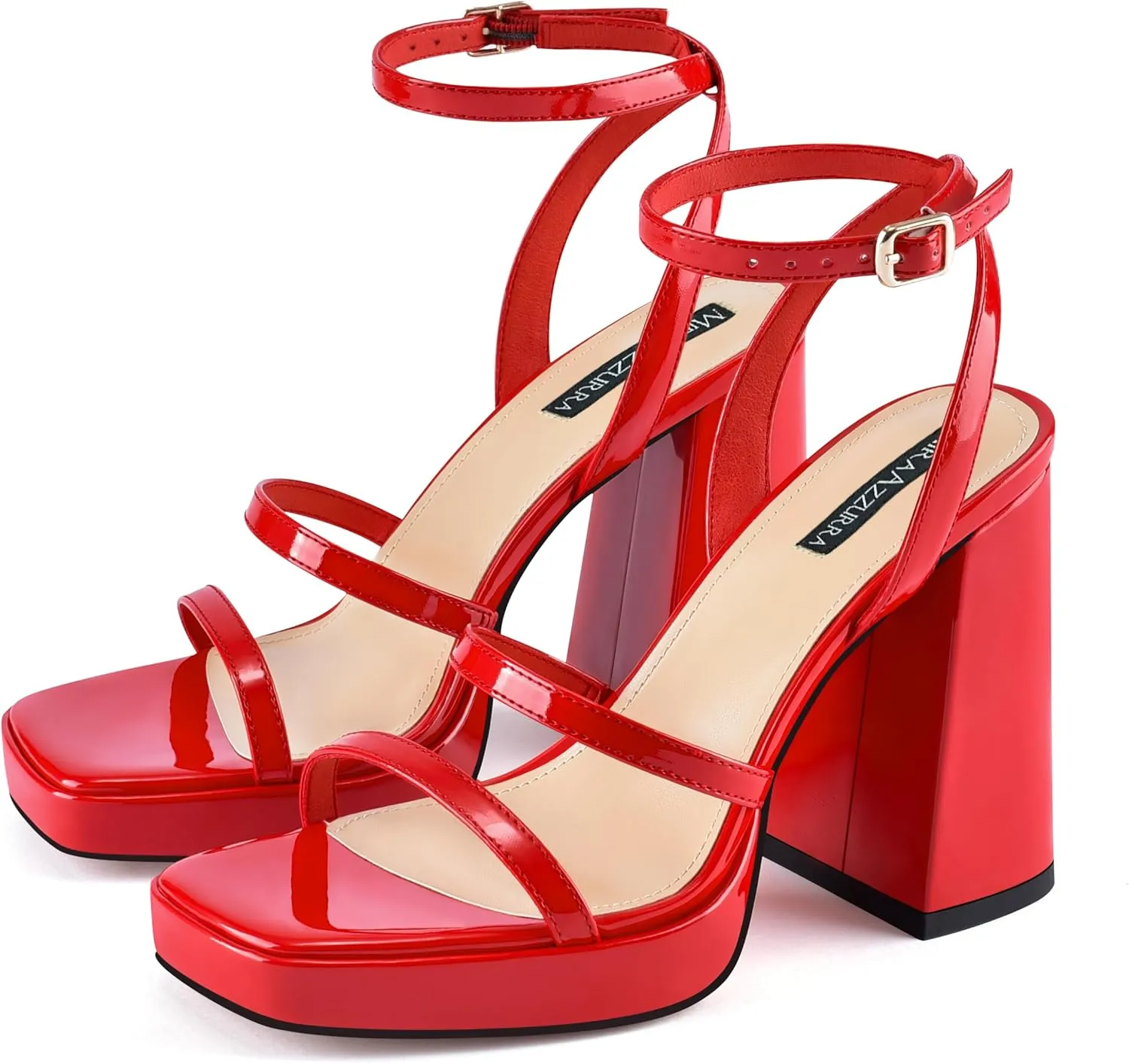 MIRAAZZURRA Platform Strappy Heel Sandals Square Open Toe Two Strap Chunky High Heeled Sandals with Buckle Ankle Strap for Women Party Wedding Dress