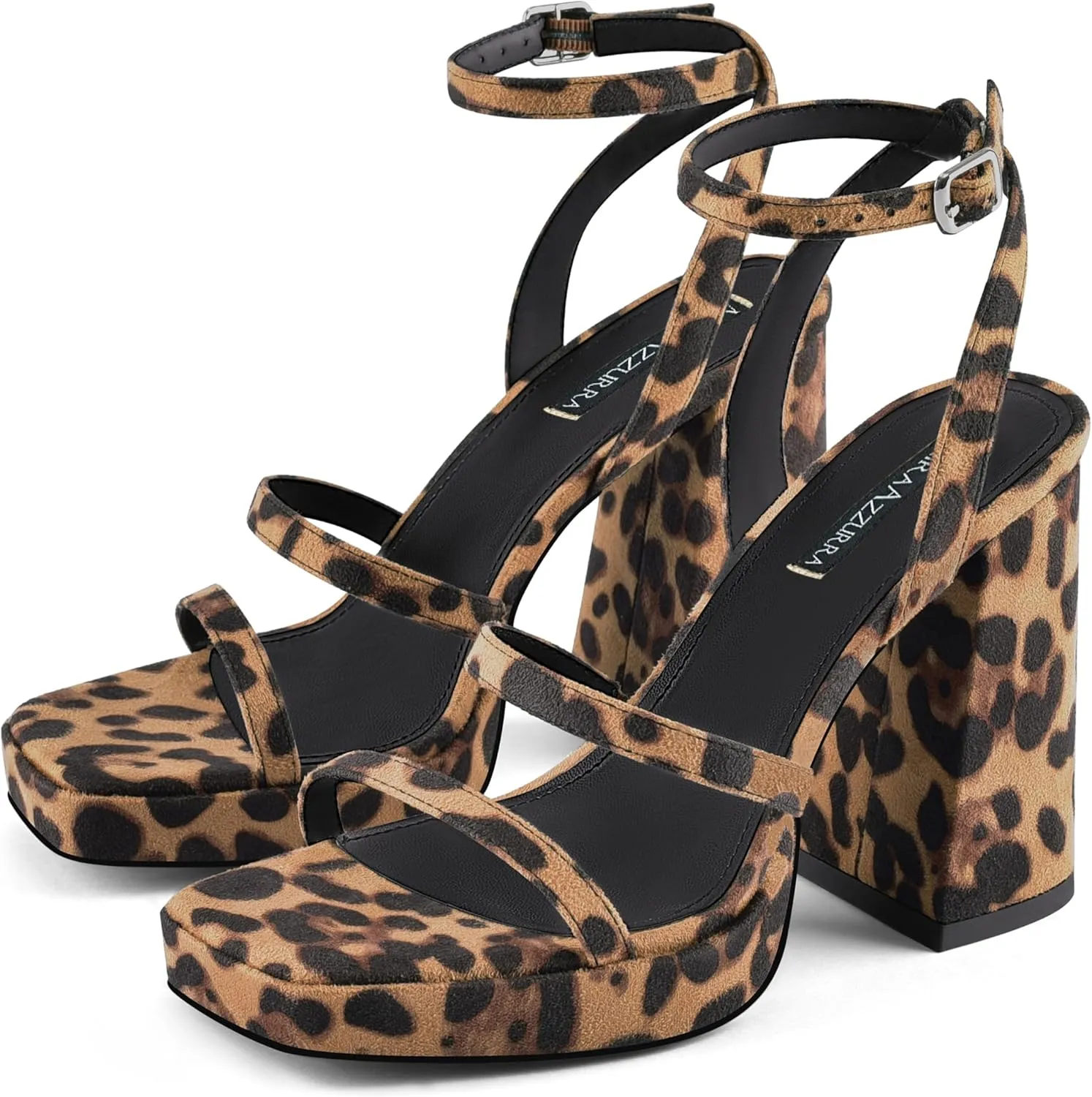 MIRAAZZURRA Platform Strappy Heel Sandals Square Open Toe Two Strap Chunky High Heeled Sandals with Buckle Ankle Strap for Women Party Wedding Dress