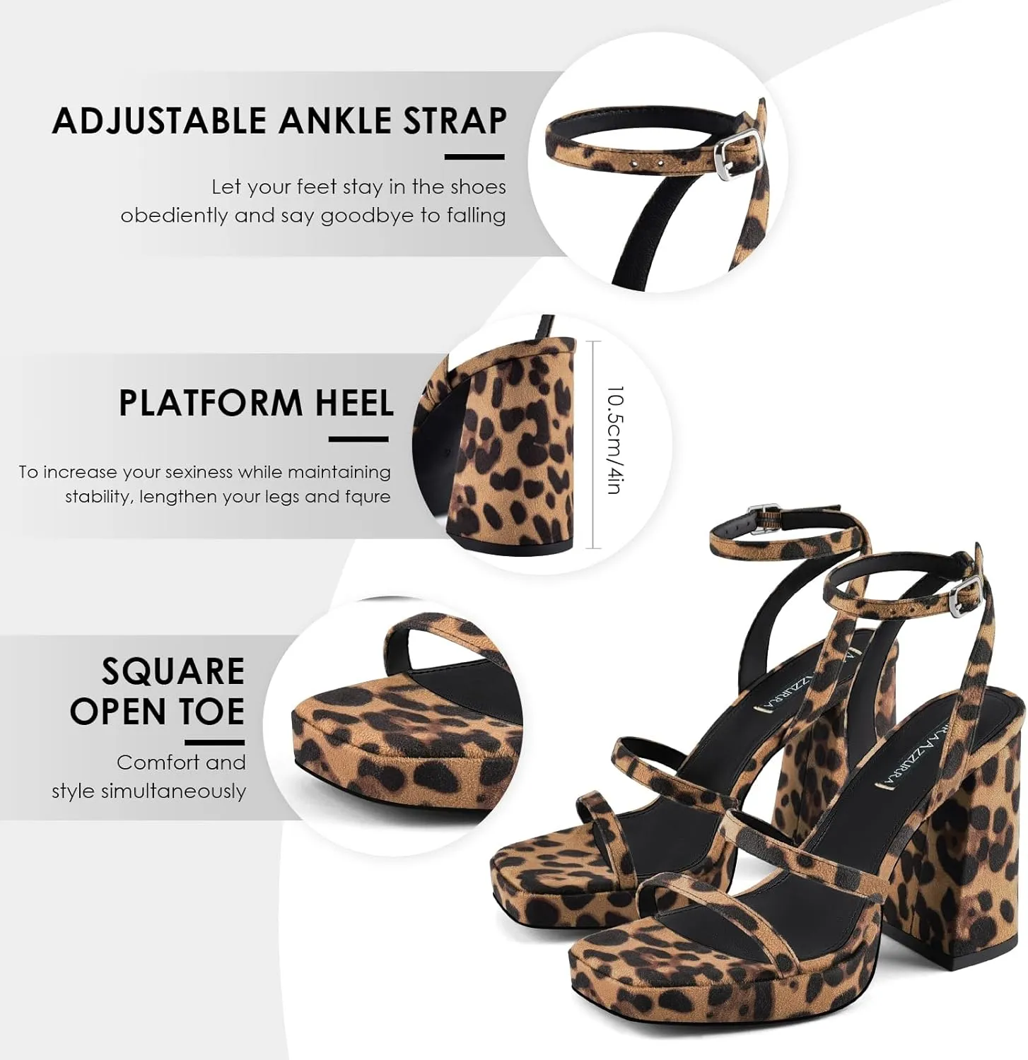 MIRAAZZURRA Platform Strappy Heel Sandals Square Open Toe Two Strap Chunky High Heeled Sandals with Buckle Ankle Strap for Women Party Wedding Dress