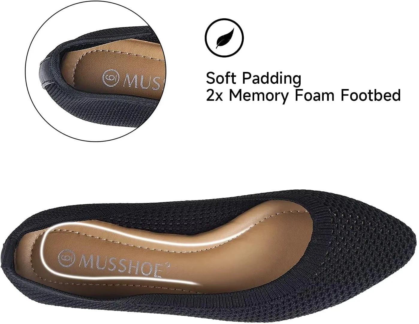 MUSSHOE Flats for Women Comfortable Mesh Women's Flats Knit Memory Foam Pointed Toe Flats Shoes Women