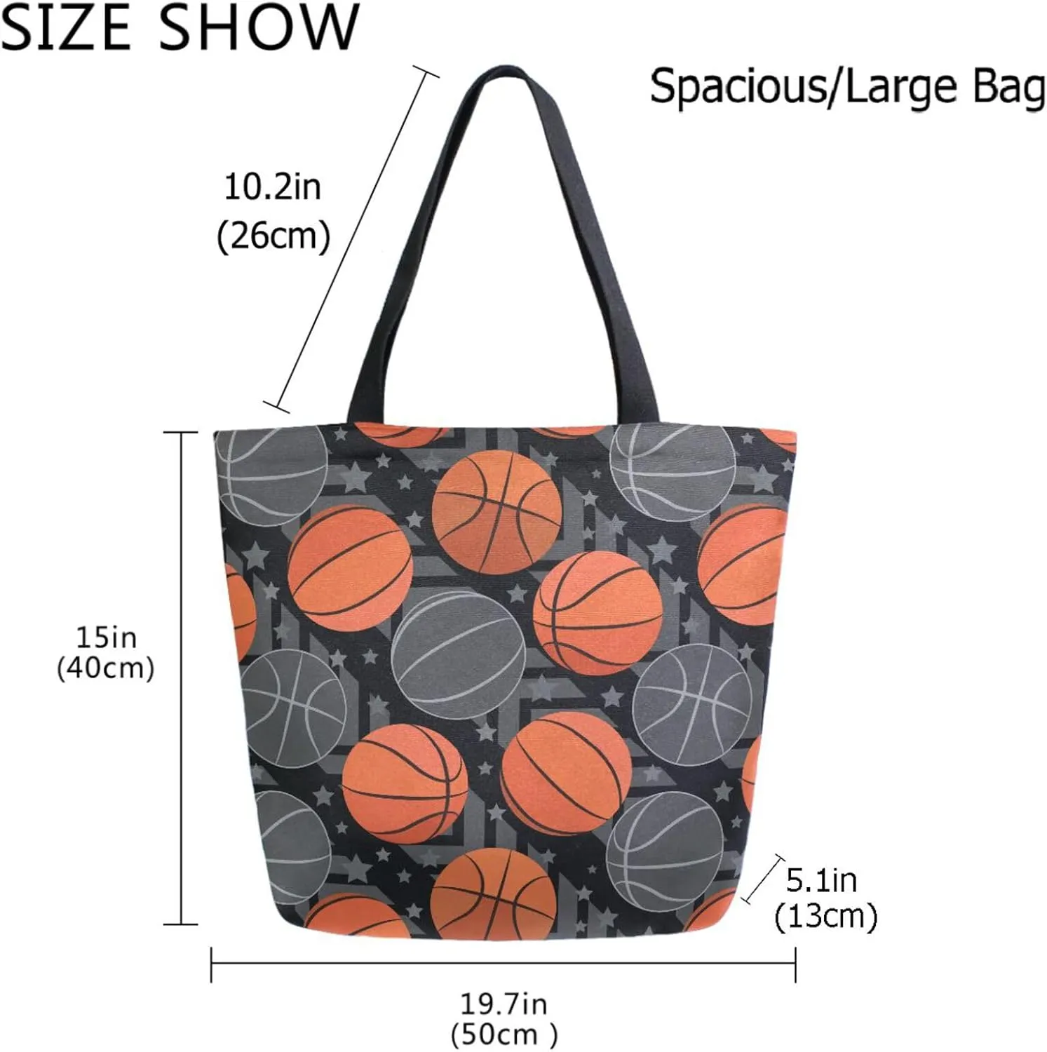 Naanle Canvas Tote Handle Bag, Cartoon Basketball Balls Stars Extra Large Shoulder Bag for Men Women Grocery Market Beach Travel Gym Shopping