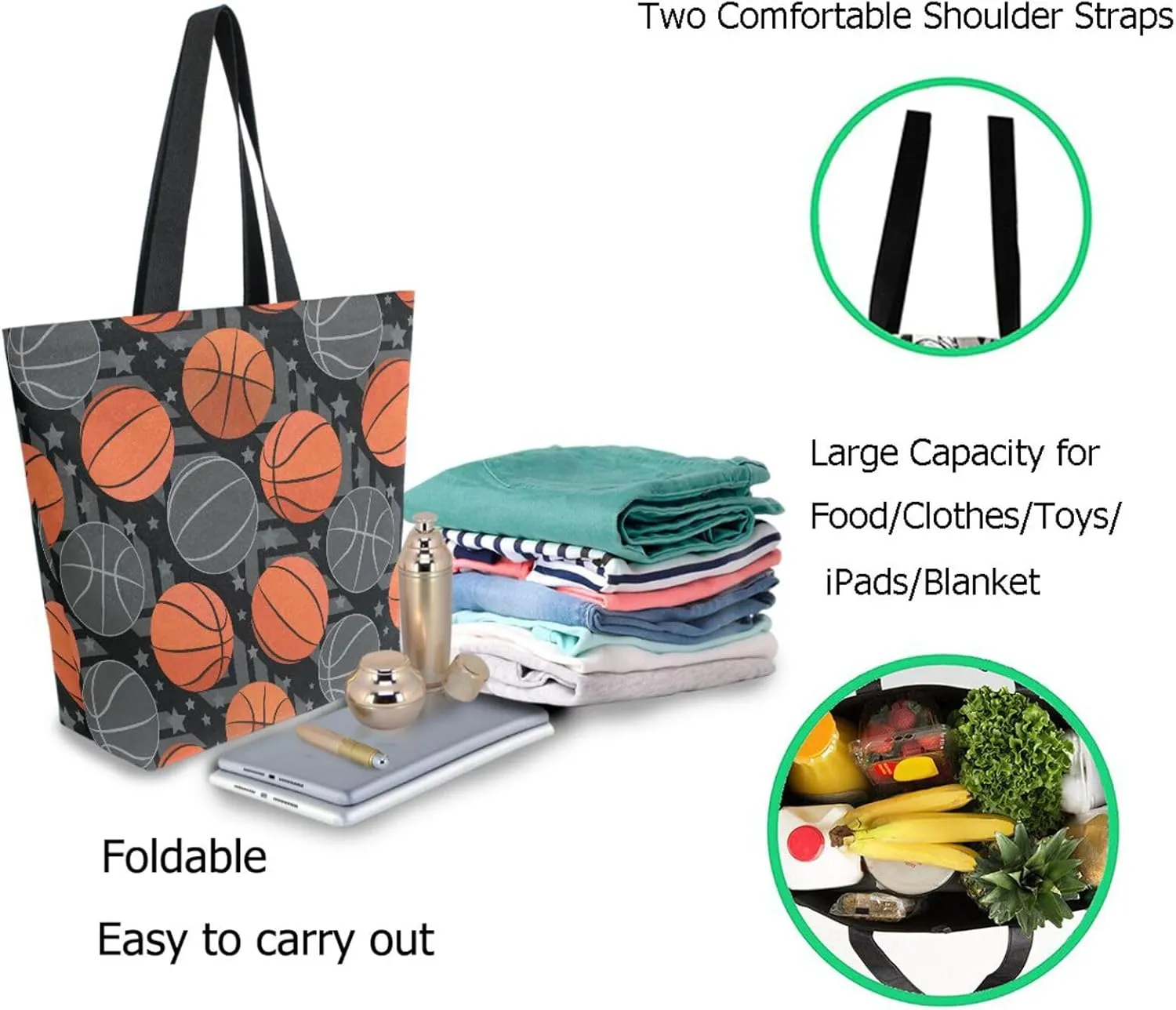 Naanle Canvas Tote Handle Bag, Cartoon Basketball Balls Stars Extra Large Shoulder Bag for Men Women Grocery Market Beach Travel Gym Shopping