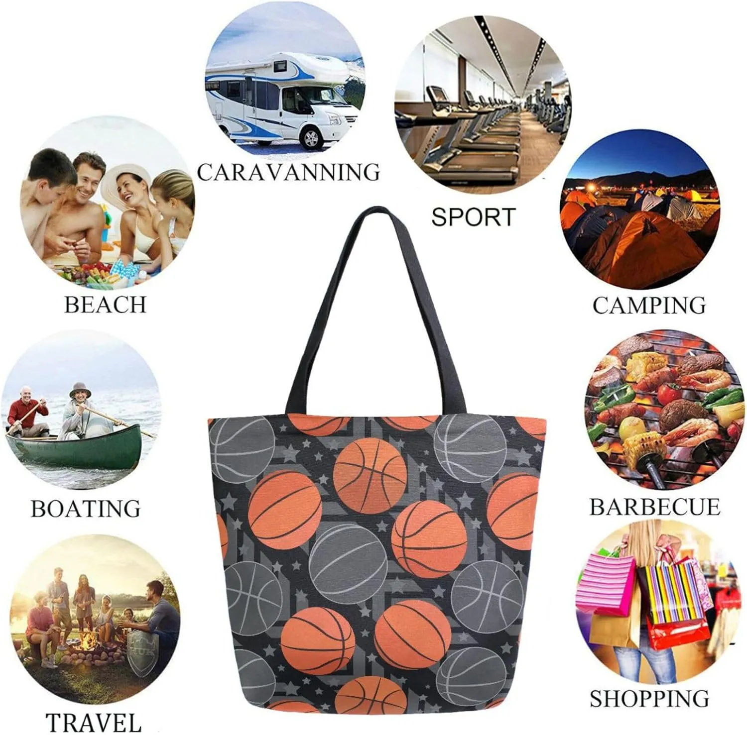 Naanle Canvas Tote Handle Bag, Cartoon Basketball Balls Stars Extra Large Shoulder Bag for Men Women Grocery Market Beach Travel Gym Shopping