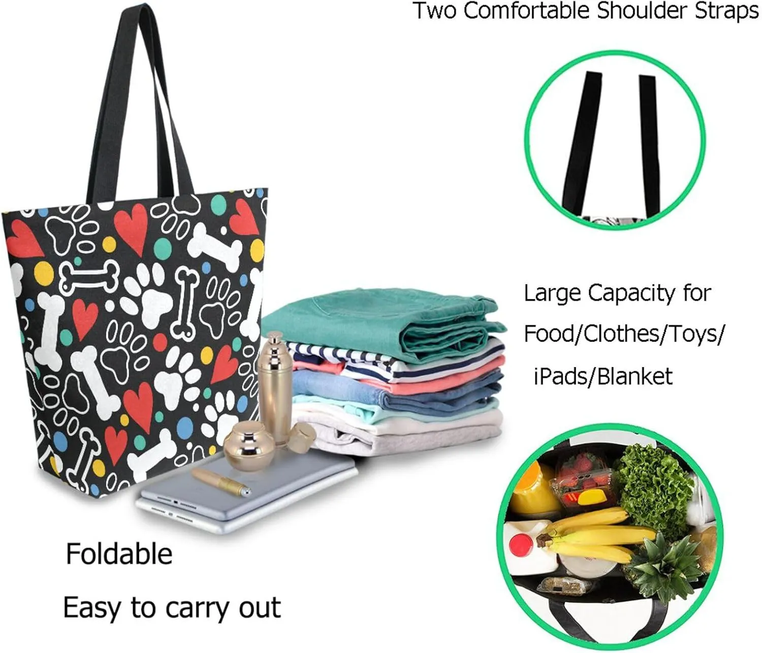 Naanle Extra Large Tote Handle Bags, Paw Prints Bones Hearts Floral Canvas Reusable Market Beach Travel Gym Shopping Shoulder Bag for Women